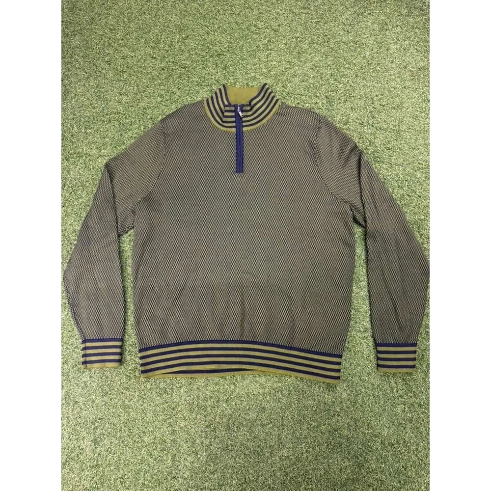 Lands' End Sweater Mens L 42-44 Green‎ Black Jacquard Knit Supima Cotton 1/4 Zip